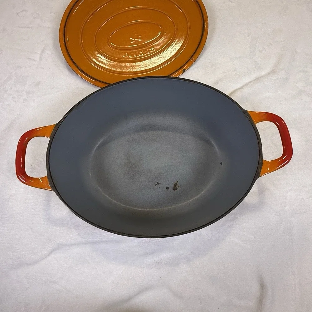 Vintage Descoware Flame Orange Oval Enameled Cast Iron Dutch Oven FE 8 Belgium